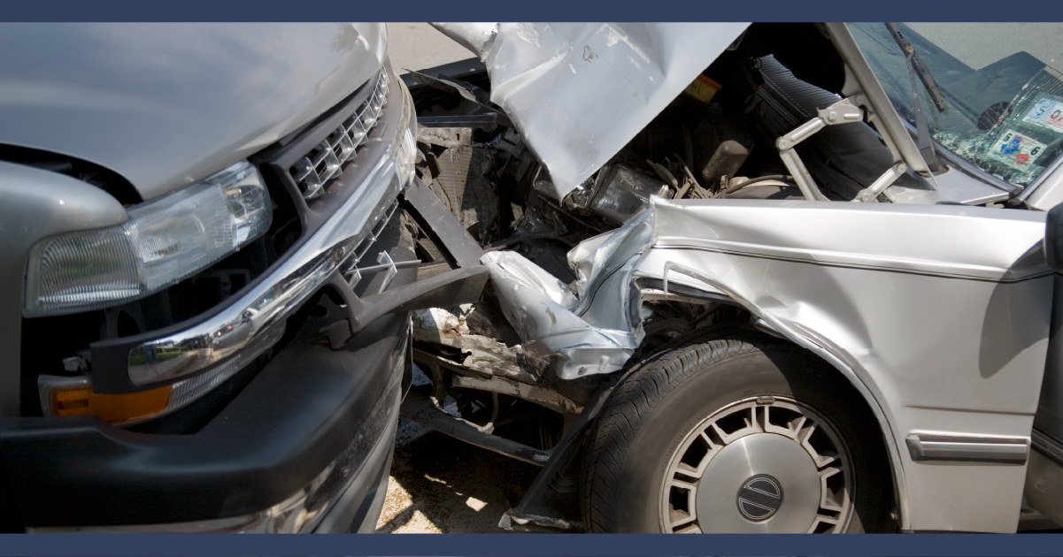 Damage from two cars in head-on collision